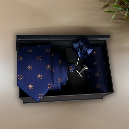 CORBATA AZUL CON FLORES CAFE