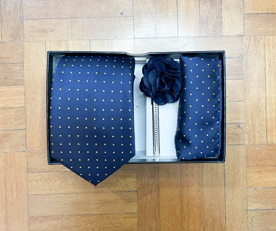 Set de Corbata Azul con Puntos Amarillos